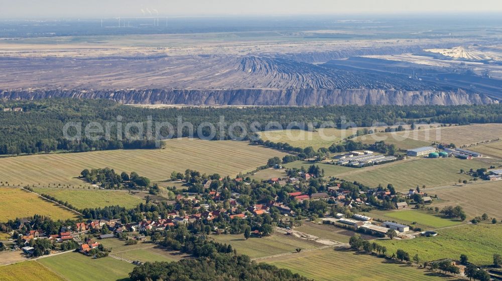 Proschim from above - Agricultural land and field borders surround the settlement area of the village in Proschim in the state Brandenburg, Germany