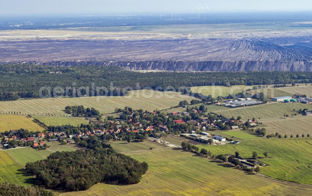 Proschim from the bird's eye view: Agricultural land and field borders surround the settlement area of the village in Proschim in the state Brandenburg, Germany