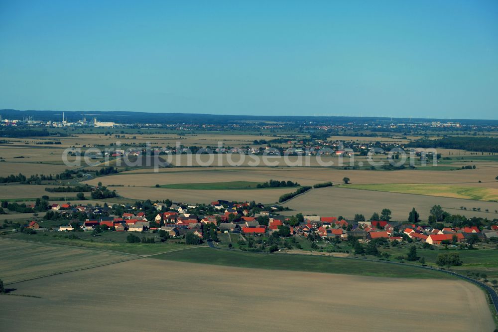 Selbitz from the bird's eye view: Agricultural land and field boundaries with the power plants surround the settlement area of the village on street Dorfstrasse in Selbitz in the state Saxony-Anhalt, Germany