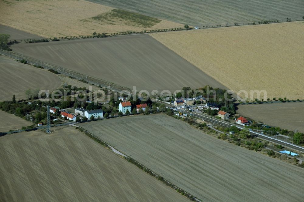 Schortewitz from above - Agricultural land and field borders surround the settlement area of the village in Schortewitz in the state Saxony-Anhalt, Germany