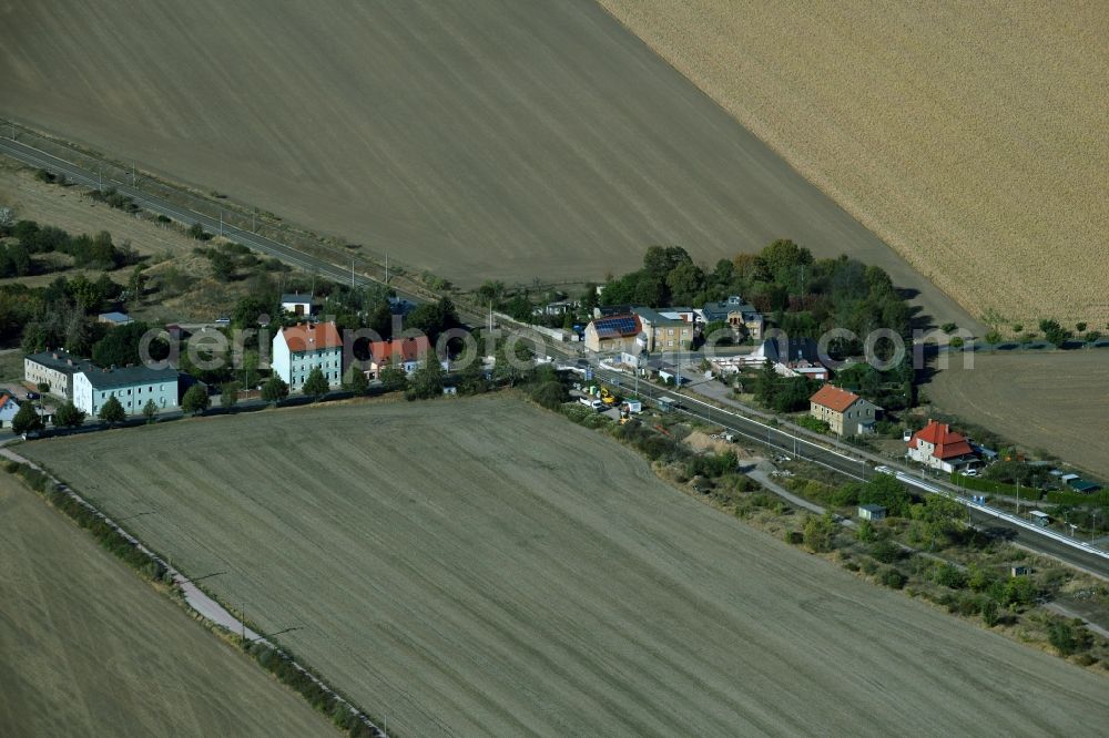 Schortewitz from the bird's eye view: Agricultural land and field borders surround the settlement area of the village in Schortewitz in the state Saxony-Anhalt, Germany
