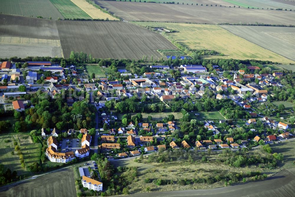 Schwaneberg from above - Agricultural land and field borders surround the settlement area of the village in Schwaneberg in the state Saxony-Anhalt, Germany
