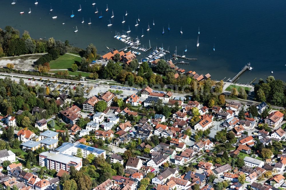 Aerial image Dießen am Ammersee - Village on the lake bank areas of Ammersee in Diessen am Ammersee in the state Bavaria, Germany