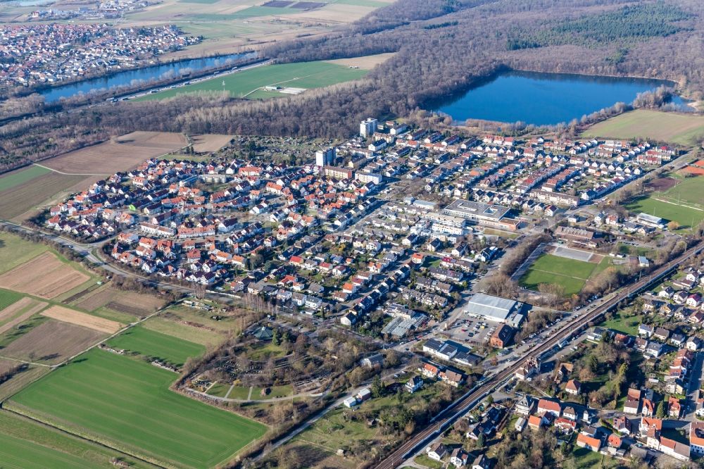 Untergrombach from above - Village on the lake bank areas of Baggersee Untergrombach in Untergrombach in the state Baden-Wurttemberg, Germany