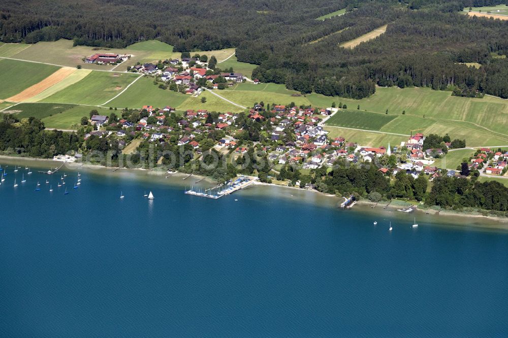 Gollenshausen a.Chiemsee from above - Village on the lake bank areas of Chiemsee on street am See in Gollenshausen a.Chiemsee in the state Bavaria, Germany