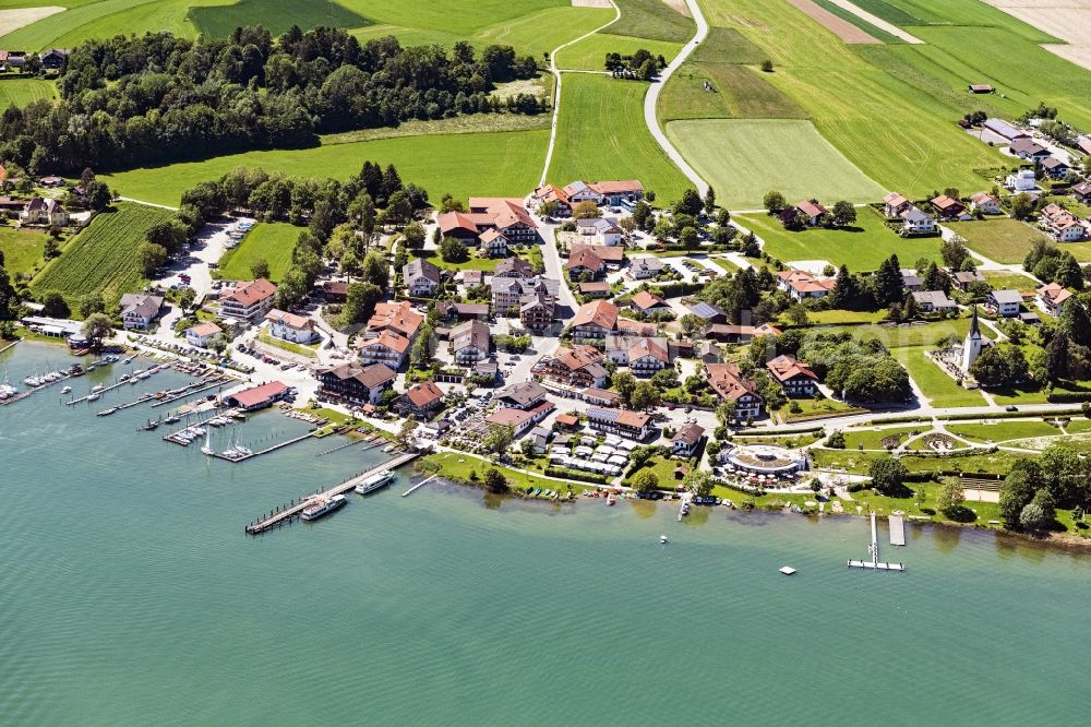 Aerial photograph Gstadt am Chiemsee - Village on the lake bank areas of Chiemsee in Gstadt am Chiemsee in the state Bavaria, Germany