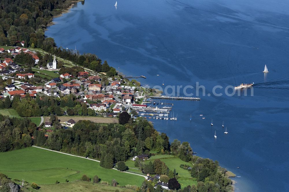 Gstadt am Chiemsee from above - Village on the lake bank areas of Chiemsee in Gstadt am Chiemsee in the state Bavaria, Germany