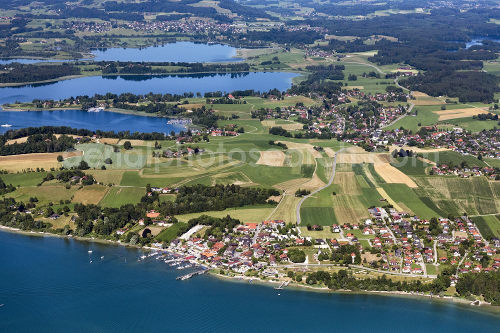 Gstadt am Chiemsee from above - Village on the lake bank areas of Chiemsee in Gstadt am Chiemsee in the state Bavaria, Germany