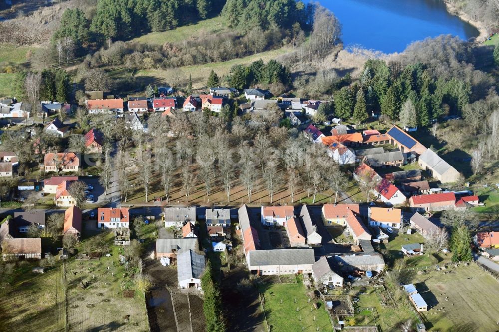 Menz from above - Village on the lake bank areas of Roofensee in Menz in the state Brandenburg, Germany