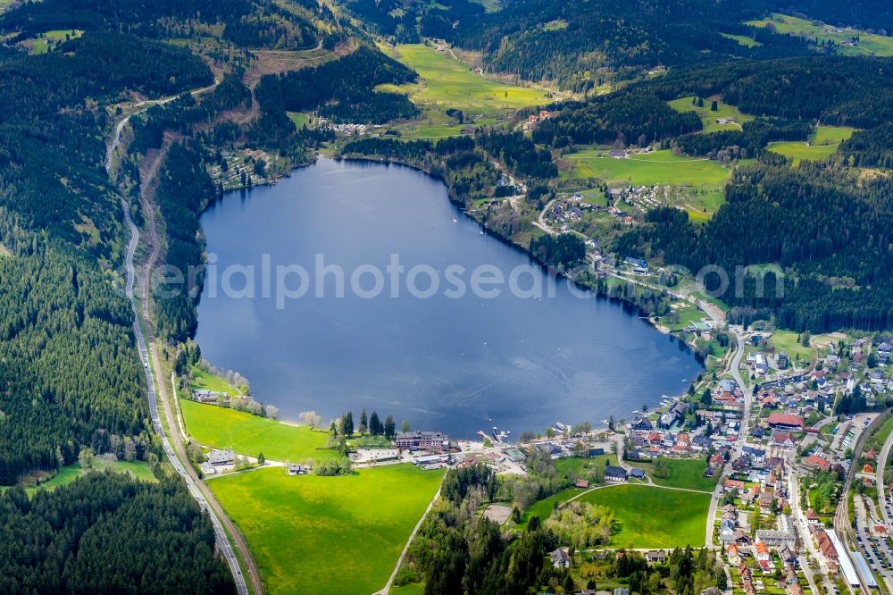 Hinterzarten from the bird's eye view: Village on the lake bank areas Titisee in Hinterzarten in the state Baden-Wuerttemberg, Germany