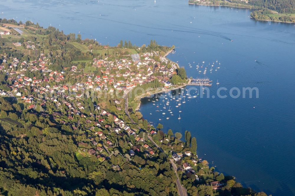 Wangen from the bird's eye view: Village on the lake bank areas of Untersee in Wangen in the state Baden-Wurttemberg, Germany