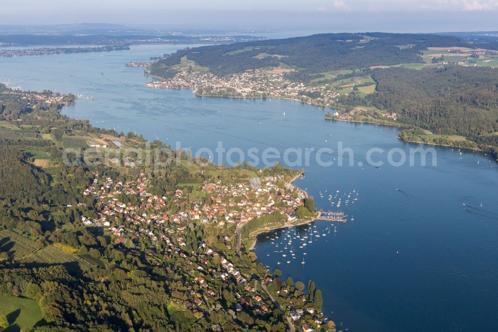Aerial image Wangen - Village on the lake bank areas of Untersee in Wangen in the state Baden-Wurttemberg, Germany