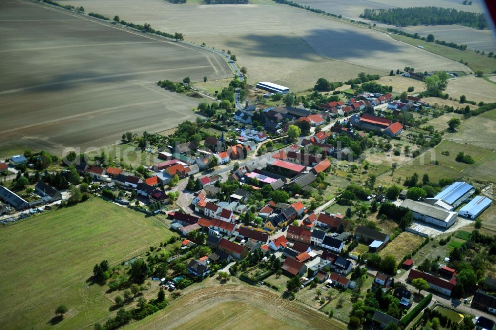 Senst from the bird's eye view: Agricultural land and field borders surround the settlement area of the village in Senst in the state Saxony-Anhalt, Germany