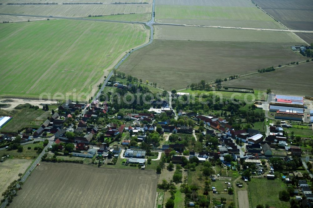 Tornau vor der Heide from above - Agricultural land and field borders surround the settlement area of the village in Tornau vor der Heide in the state Saxony-Anhalt, Germany