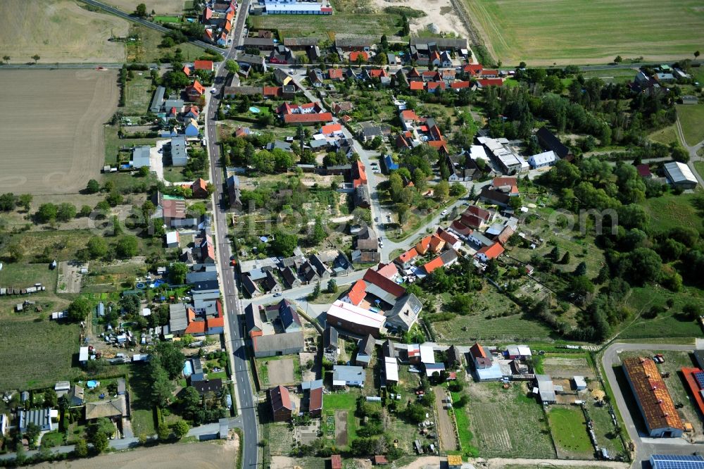 Tornau vor der Heide from above - Agricultural land and field borders surround the settlement area of the village in Tornau vor der Heide in the state Saxony-Anhalt, Germany