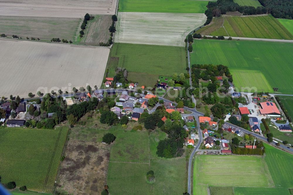 Waddeweitz from above - Agricultural land and field borders surround the settlement area of the village in Waddeweitz in the state Lower Saxony, Germany