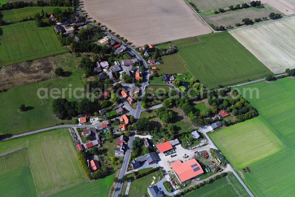 Waddeweitz from the bird's eye view: Agricultural land and field borders surround the settlement area of the village in Waddeweitz in the state Lower Saxony, Germany