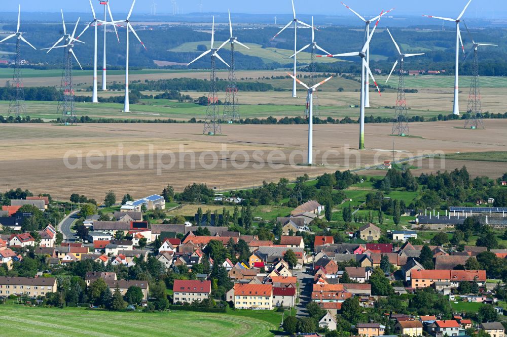 Aerial photograph Frauenprießnitz - Agricultural areas and field boundaries with wind turbines surround the settlement area of the village in Frauenpriessnitz in the state Thuringia, Germany