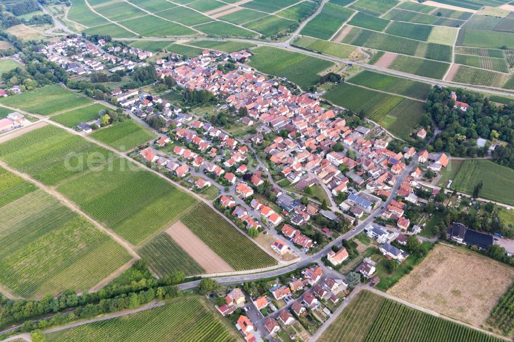 Wollmesheim from above - Agricultural land and field borders surround the settlement area of the village in Wollmesheim in the state Rhineland-Palatinate, Germany