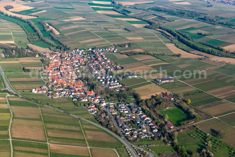 Aerial image Wollmesheim - Agricultural land and field borders surround the settlement area of the village in Wollmesheim in the state Rhineland-Palatinate, Germany