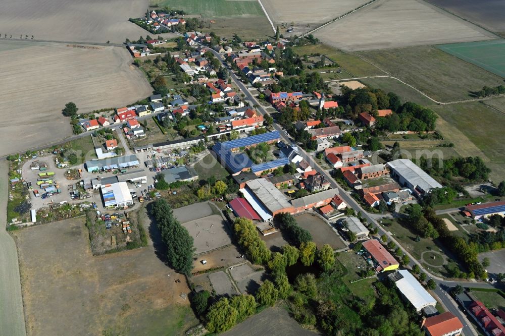 Ziepel from above - Agricultural land and field borders surround the settlement area of the village in Ziepel in the state Saxony-Anhalt, Germany