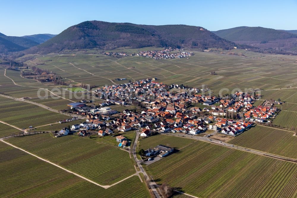 Aerial image Hainfeld - Village on the edge of vineyards and wineries in the wine-growing area in Hainfeld in the state Rhineland-Palatinate, Germany