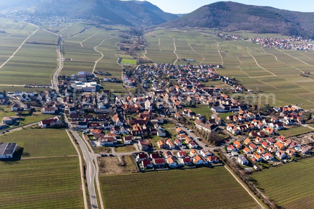 Aerial photograph Hainfeld - Village on the edge of vineyards and wineries in the wine-growing area in Hainfeld in the state Rhineland-Palatinate, Germany