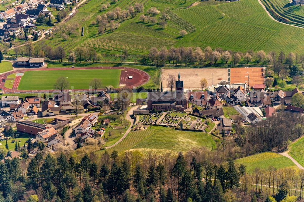 Waldulm from above - Village on the edge of vineyards and wineries in the wine-growing area in Waldulm in the state Baden-Wuerttemberg, Germany