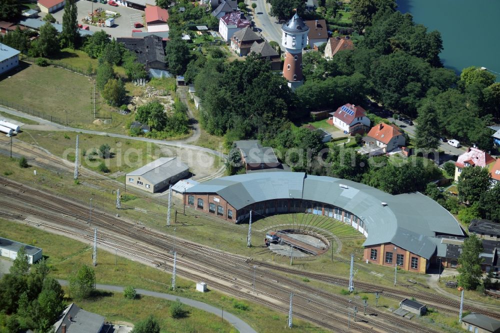 Neustrelitz from above - Railway turntable in Neustrelitz in the state of Mecklenburg - Western Pomerania. The historic facilities are part of the depot of the main train station of the town