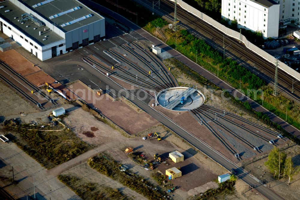 Halle (Saale) from the bird's eye view: Turntable on the marshalling yard and freight yard in Halle (Saale) in the state Saxony-Anhalt, Germany