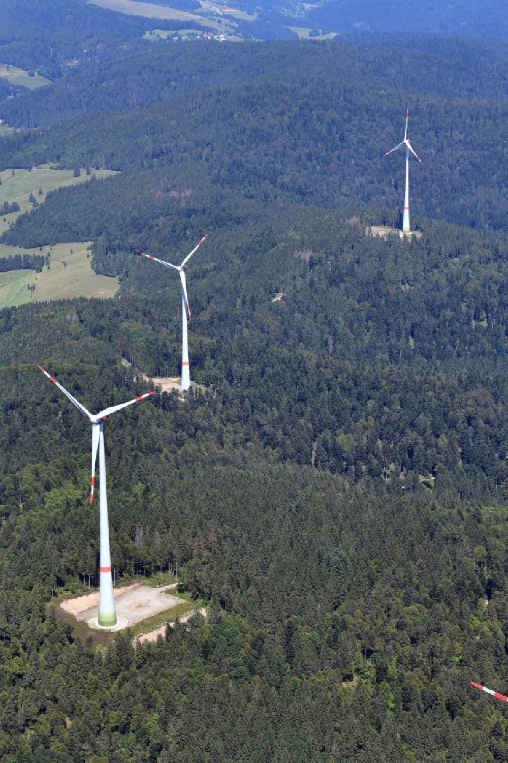 Aerial image Schopfheim - Three wind turbines on the Rohrenkopf, the local mountain of Gersbach, a district of Schopfheim in Baden-Wuerttemberg. It was the first wind farm in the south of the Black Forest