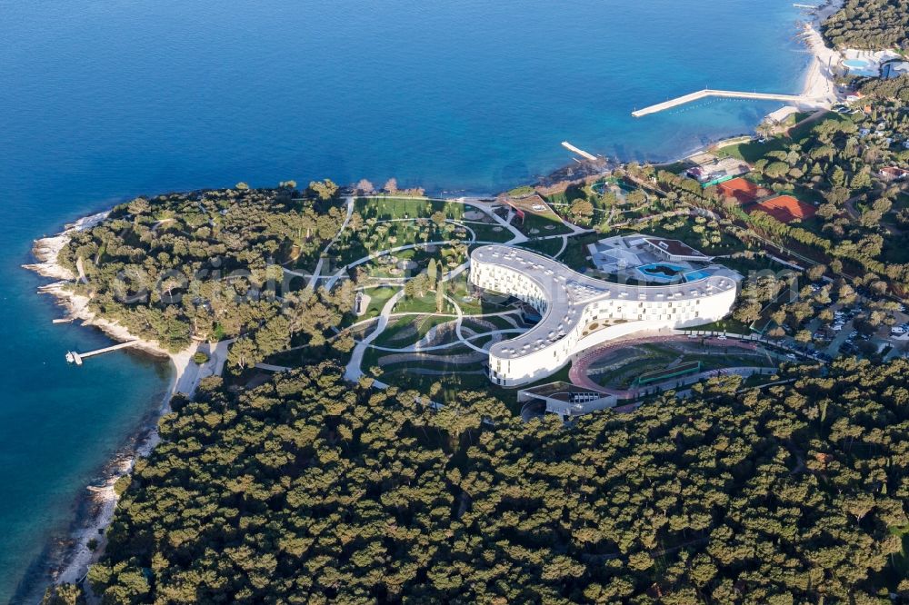 Rovinj from above - Three armes of the of the hotel building and its parc of Family Hotel Amarin at the Adriatic sea in Rovinj in Istirien - Istarska zupanija, Croatia