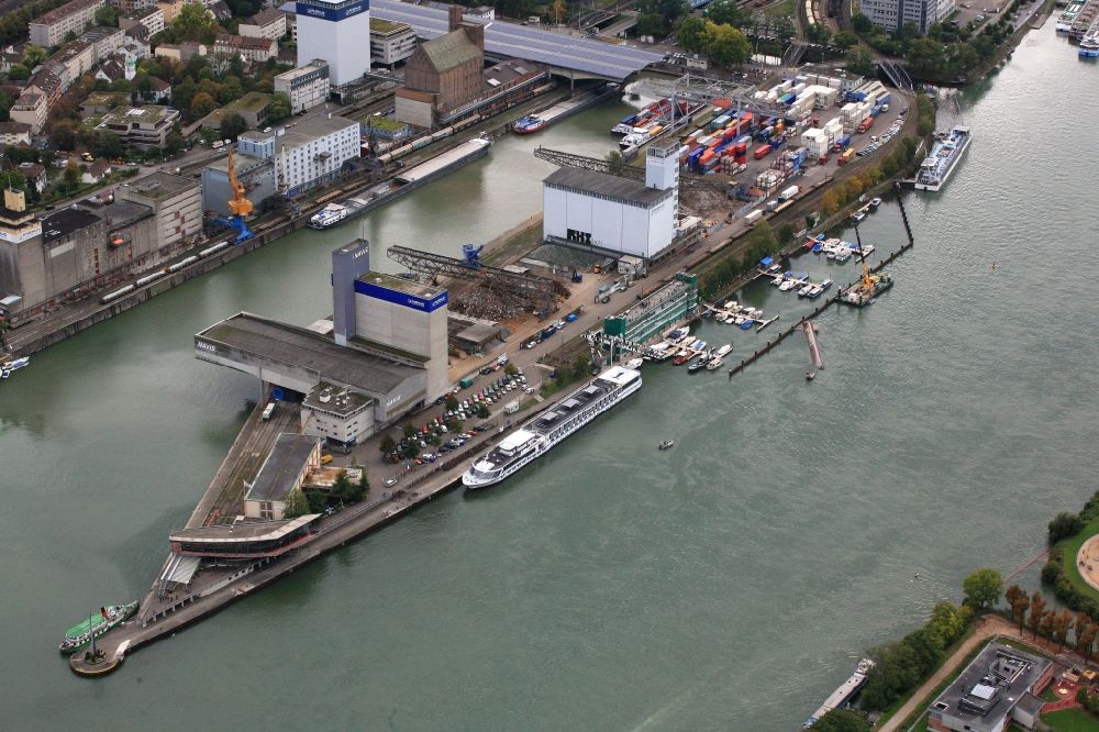 Basel from the bird's eye view: At the triangle Germany France Switzerland in Basel, Switzerland, the dredger Merlin is recovered. On 04 August 2014, the ship capsized and has since been upturned and secured at the entrance to the Rhine harbor Kleinhueningen