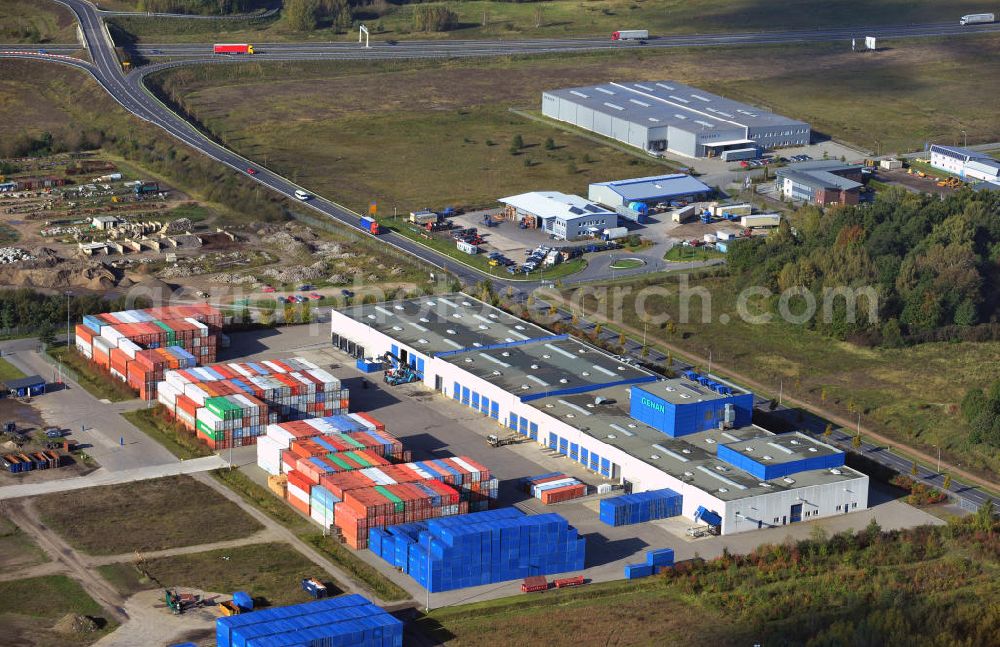 Oranienburg from the bird's eye view: View of the branch of Genan GmbH in Oranienburg. The company is specialized in recycling of old tires. The site in Oranienburg is in operation since 2003
