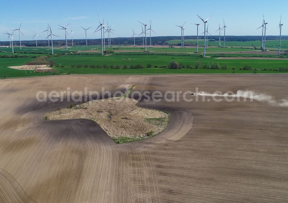 Jacobsdorf from above - Agricultural fields embossed of soil erosion and water structures in Jacobsdorf in the state Brandenburg, Germany