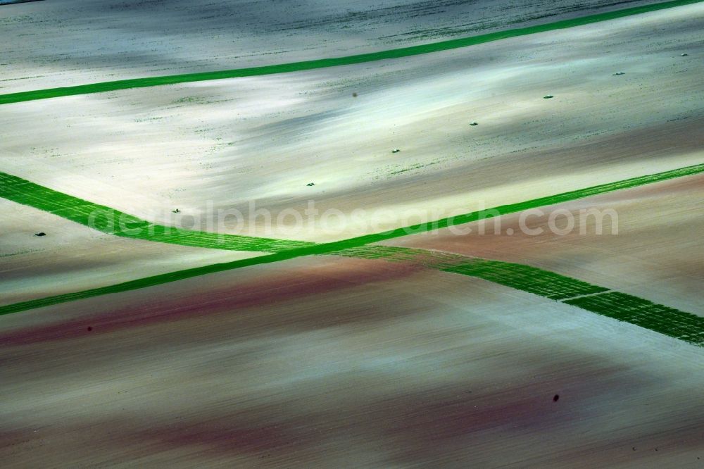 Wasserthaleben from the bird's eye view: Agricultural fields embossed of soil erosion and water structures in Wasserthaleben in the state Thuringia, Germany