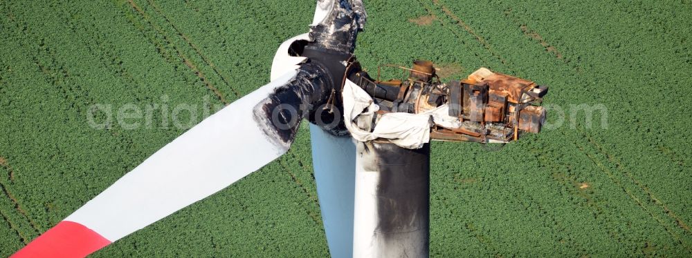Aerial image Wellen - Destroyed by fire damage wind turbine wind power plant near Wellen in Saxony-Anhalt