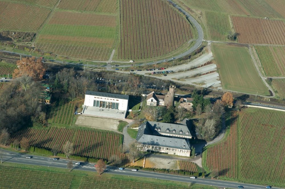 Aerial image Oestrich-Winkel - View of the campus landscape and fields. Is situated on the River Rhine along a main road B42. EBS European Business School is a non-profit GmbH. The University is located in Oestrich-angle in Hesse