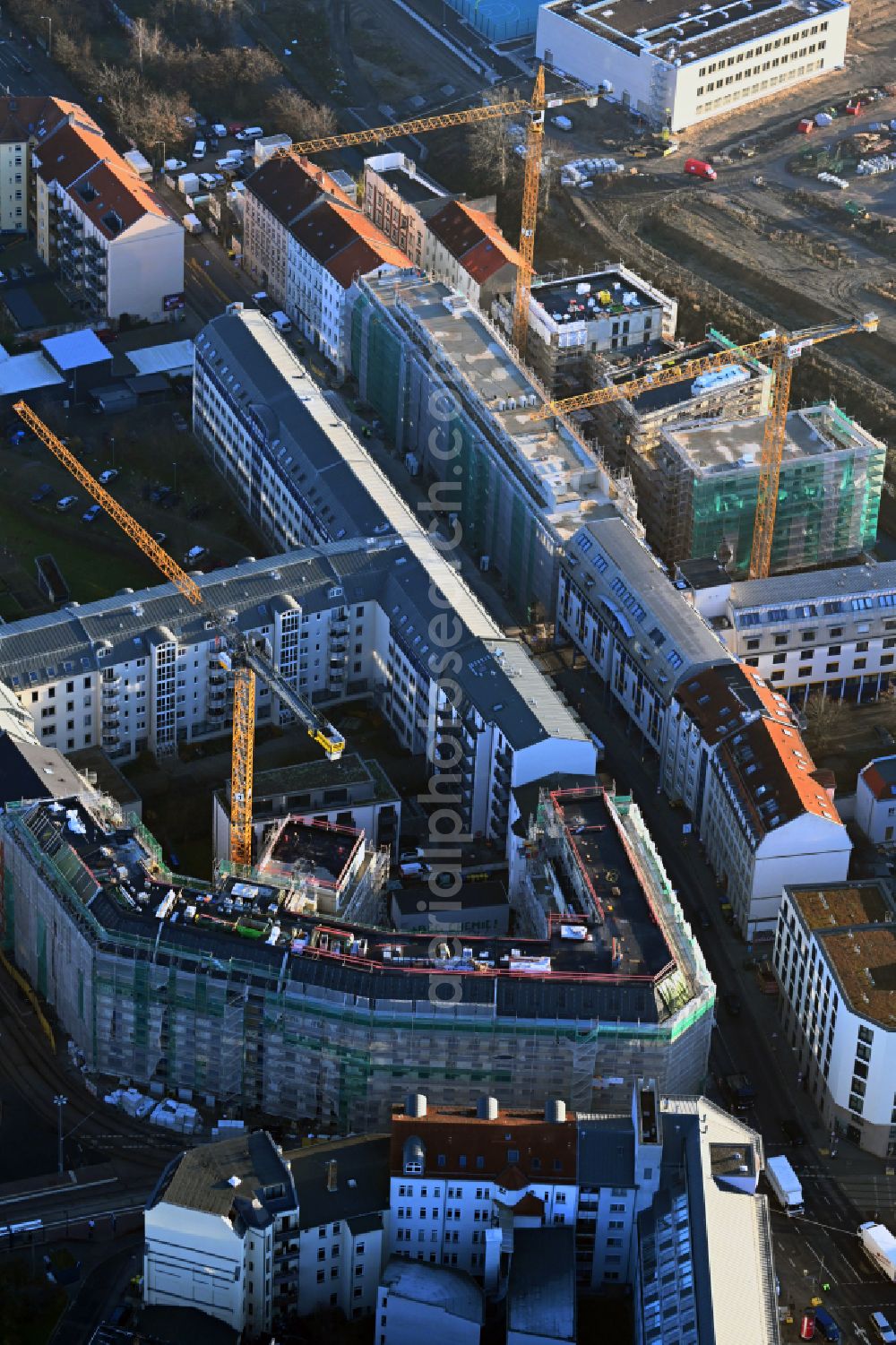 Leipzig from above - Construction site for the new residential and commercial Corner house - building on street Wilhelm-Liebknecht-Platz - Erich-Weinert-Strasse in the district Zentrum in Leipzig in the state Saxony, Germany