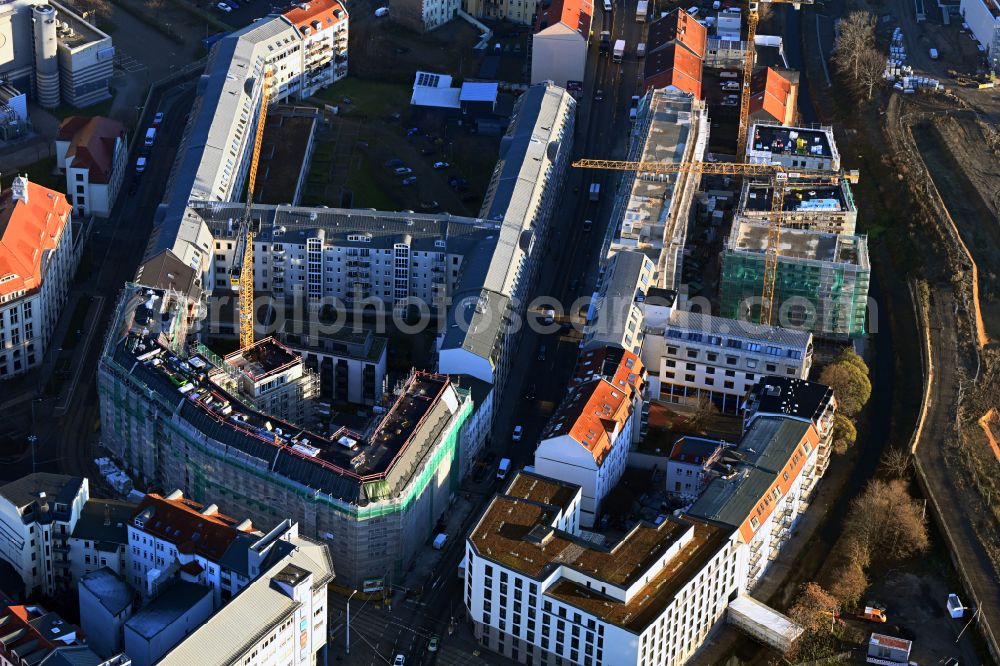 Leipzig from the bird's eye view: Construction site for the new residential and commercial Corner house - building on street Wilhelm-Liebknecht-Platz - Erich-Weinert-Strasse in the district Zentrum in Leipzig in the state Saxony, Germany