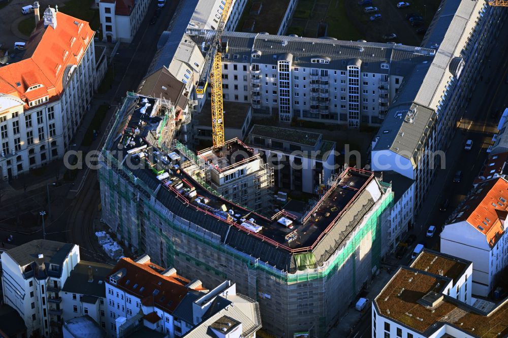 Aerial image Leipzig - Construction site for the new residential and commercial Corner house - building on street Wilhelm-Liebknecht-Platz - Erich-Weinert-Strasse in the district Zentrum in Leipzig in the state Saxony, Germany