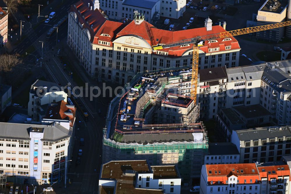 Aerial photograph Leipzig - Construction site for the new residential and commercial Corner house - building on street Wilhelm-Liebknecht-Platz - Erich-Weinert-Strasse in the district Zentrum in Leipzig in the state Saxony, Germany