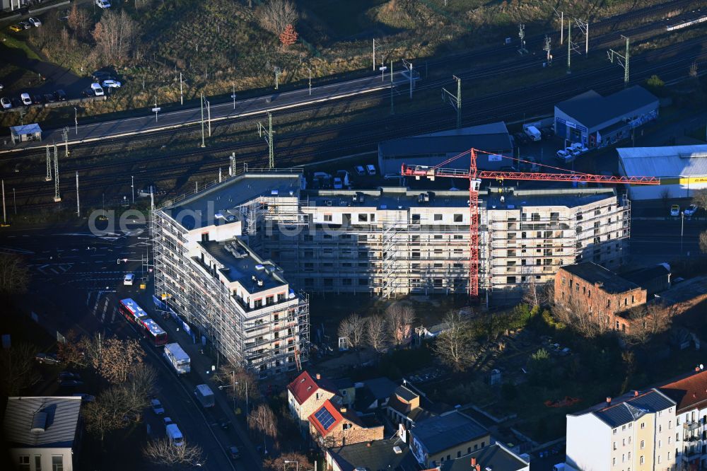 Leipzig from above - Construction site for the new residential and commercial Corner house - building Mockauer Tor on street Mockauer Strasse - Volbedingstrasse in the district Mockau in Leipzig in the state Saxony, Germany