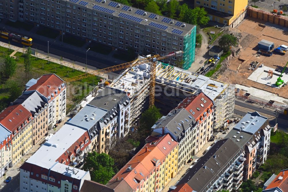 Aerial image Dresden - Construction site for the new residential and commercial Corner house - building on Schaeferstrasse in the district Friedrichstadt in Dresden in the state Saxony, Germany