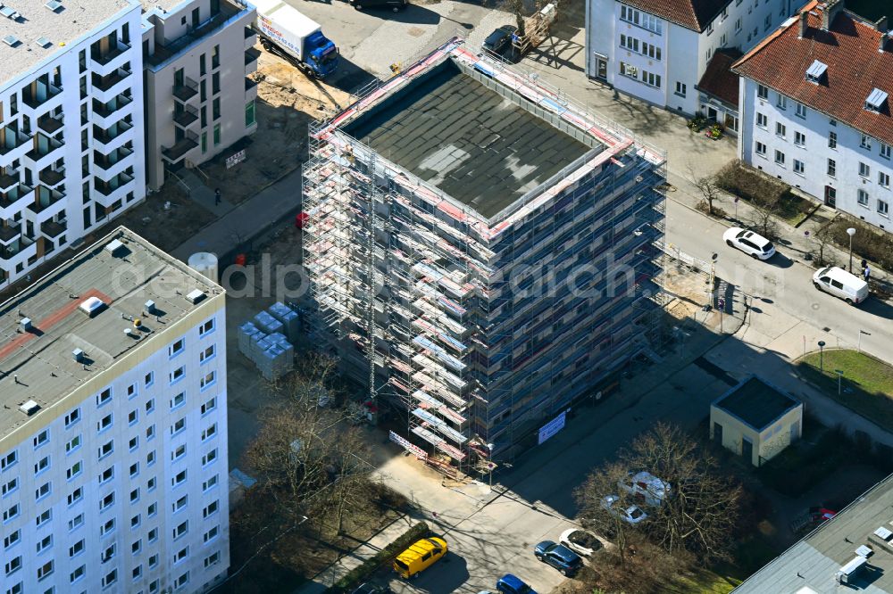 Aerial image Berlin - Construction site for the new residential and commercial Corner house - building on street Vesaliusstrasse in the district Pankow in Berlin, Germany