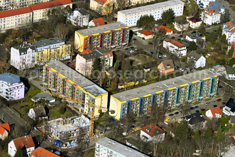 Berlin from above - Construction site for the new residential and commercial Corner house - building on street Schillerstrasse - Mozartstrasse in the district Wilhelmsruh in Berlin, Germany