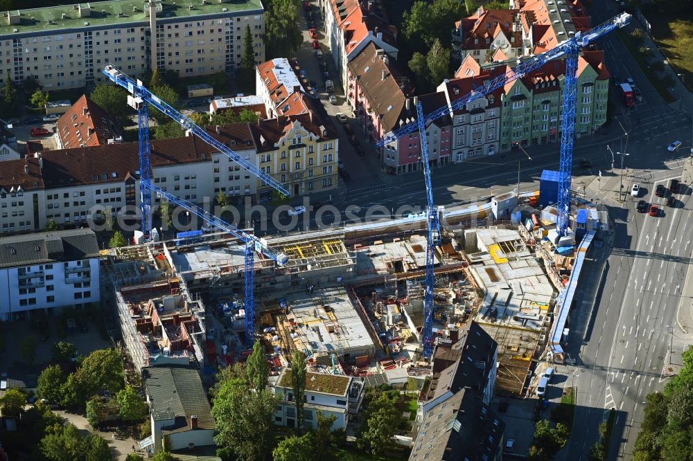 München from above - Construction site for the new residential and commercial Corner house - building PLAZA Pasing on Oberseestrasse corner Bodenseestrasse in the district Pasing-Obermenzing in Munich in the state Bavaria, Germany