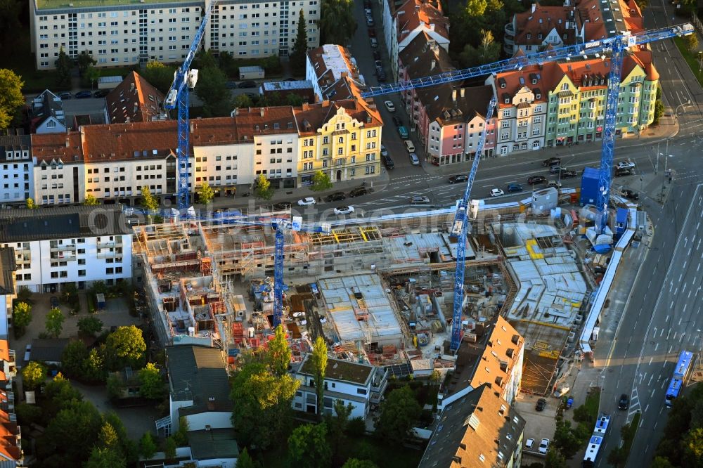 München from the bird's eye view: Construction site for the new residential and commercial Corner house - building PLAZA Pasing on Oberseestrasse corner Bodenseestrasse in the district Pasing-Obermenzing in Munich in the state Bavaria, Germany