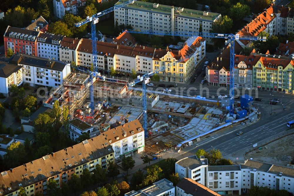 Aerial image München - Construction site for the new residential and commercial Corner house - building PLAZA Pasing on Oberseestrasse corner Bodenseestrasse in the district Pasing-Obermenzing in Munich in the state Bavaria, Germany