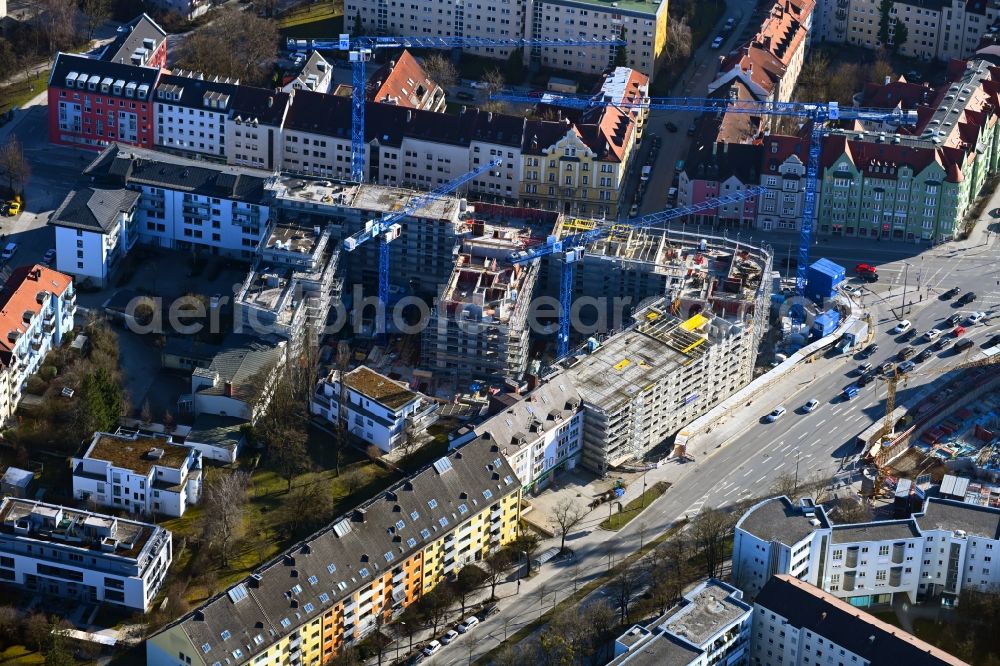 München from above - Construction site for the new residential and commercial Corner house - building PLAZA Pasing on Oberseestrasse corner Bodenseestrasse in the district Pasing-Obermenzing in Munich in the state Bavaria, Germany